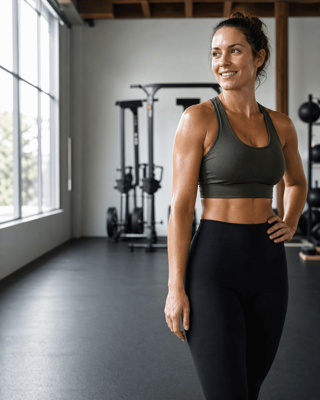 Athletic woman in her 30s in a training studio